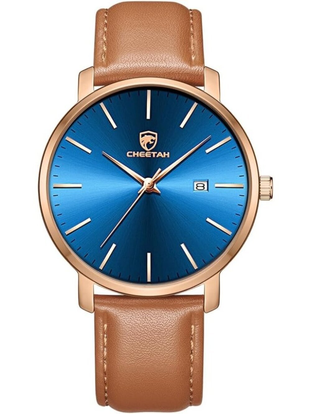 Men's Brown/Rose Gold/Blue Leather Strap Minimalist Waterproof Quartz Wristwatch